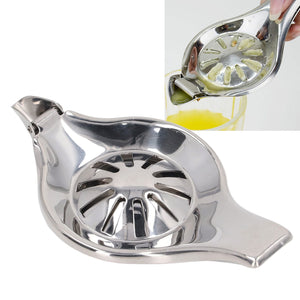 Manual Lemon Juicer in polished stainless steel with a round slotted pressing bowl and wide handles