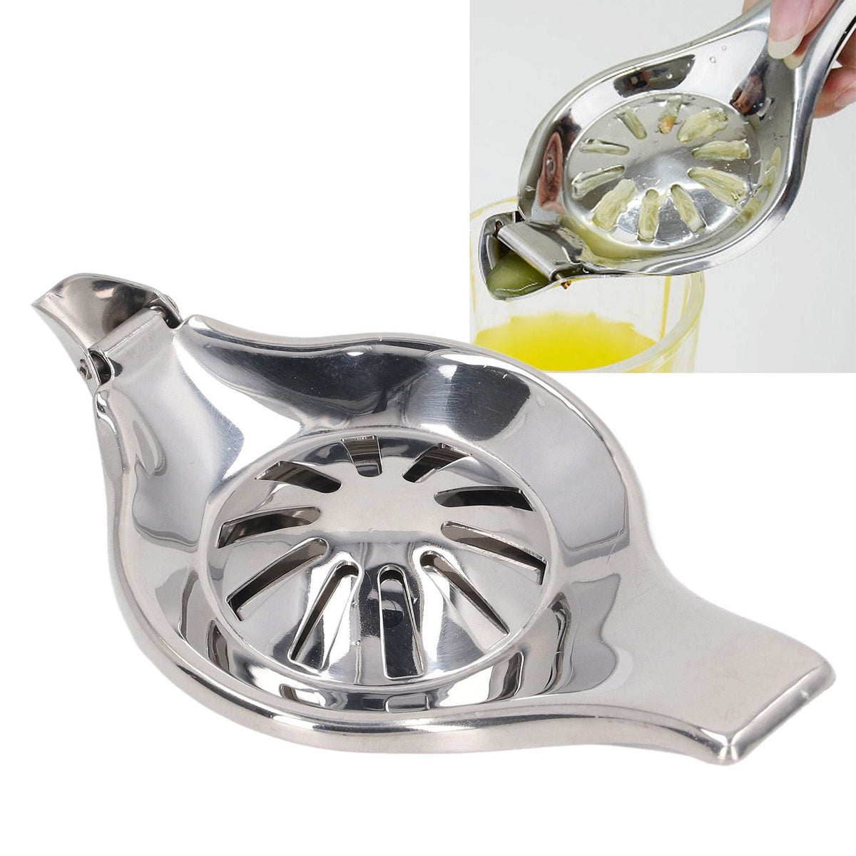 Manual Lemon Juicer in polished stainless steel with a round slotted pressing bowl and wide handles