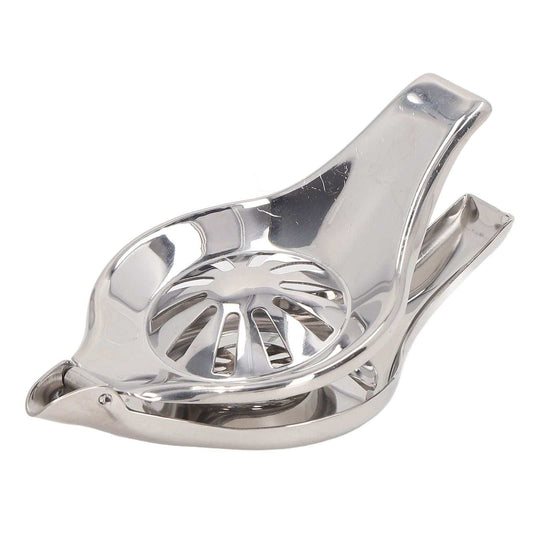 Manual Lemon Juicer in polished silver stainless steel with a hinged clamp handle and slotted round pressing cup