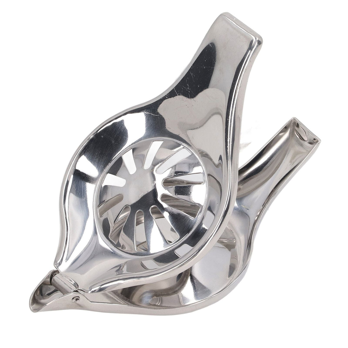 Manual Lemon Juicer in polished silver stainless steel, with a hinged clamp and round slotted pressing bowl