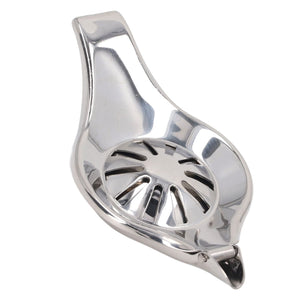 Manual Lemon Juicer in polished silver stainless steel with a hinged clamp and slotted round pressing cup