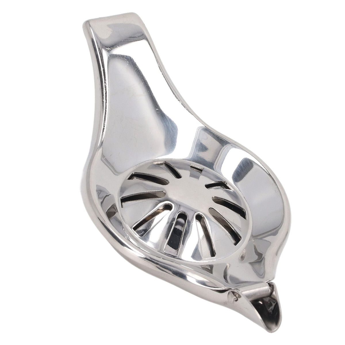Manual Lemon Juicer in polished silver stainless steel with a hinged clamp and slotted round pressing cup