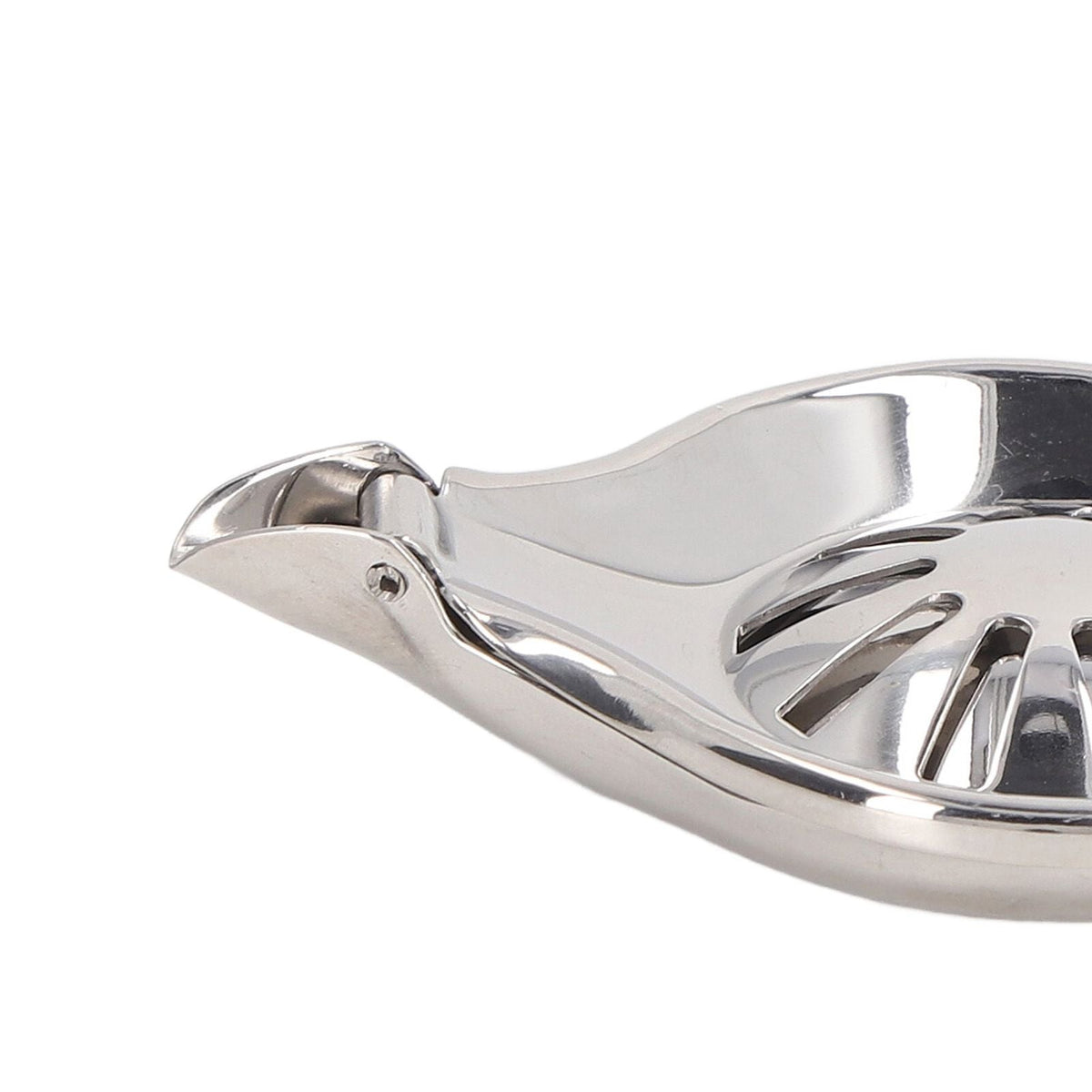 Manual Lemon Juicer in polished silver stainless steel, with a hinged clamp and slotted rounded citrus-pressing cup