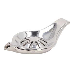 Manual Lemon Juicer in shiny silver stainless steel, with a rounded bowl, ridged strainer and hinged clamp handle
