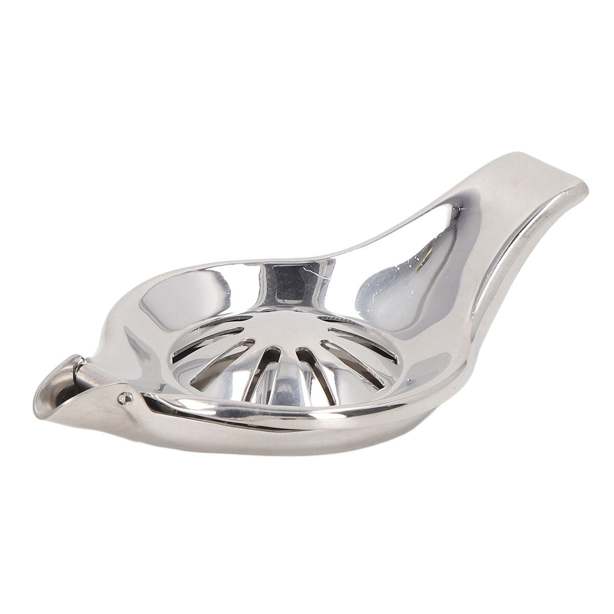 Manual Lemon Juicer in shiny silver stainless steel, with a rounded bowl, ridged strainer and hinged clamp handle