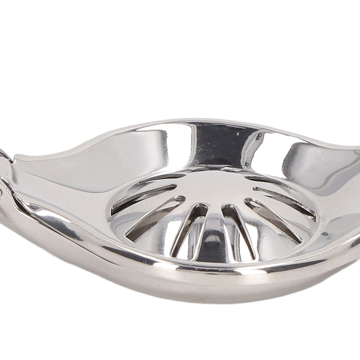Manual Lemon Juicer in polished silver stainless steel, with a round bowl and radial slotted pressing surface