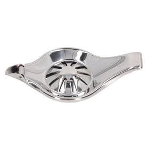 Manual Lemon Juicer in polished silver stainless steel with a round slotted bowl and long clamp-style handles