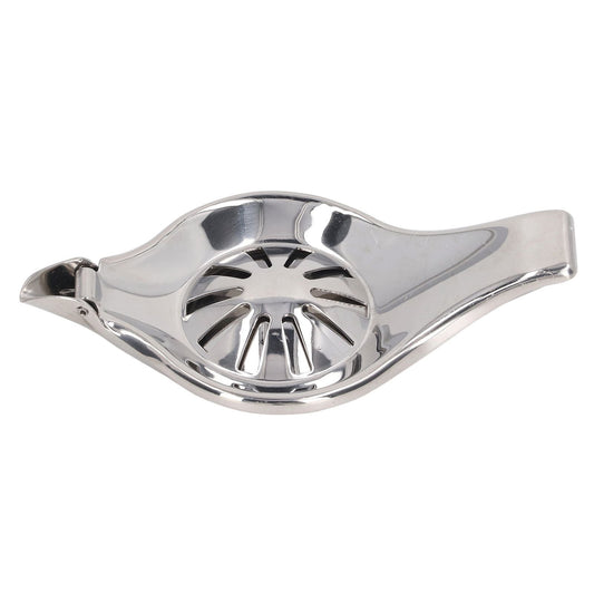 Manual Lemon Juicer in polished silver stainless steel with a round slotted bowl and long clamp-style handles