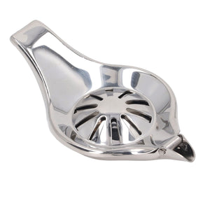 Manual Lemon Juicer in polished silver stainless steel, with a round slotted pressing cup and long clamp handles