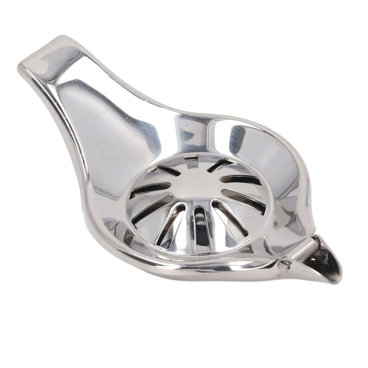 Manual Lemon Juicer in polished silver stainless steel, with a round slotted pressing cup and long clamp handles