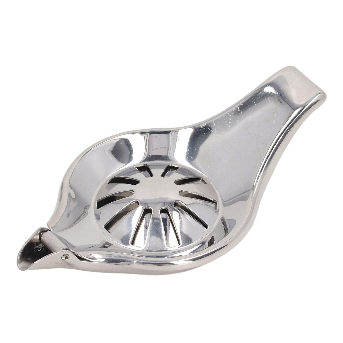 Manual Lemon Juicer in polished silver stainless steel, featuring a round slotted press cup and long hinged handle