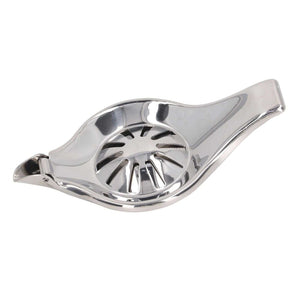 Manual Lemon Juicer in polished stainless steel with a hinged clamp, round perforated bowl and long handles