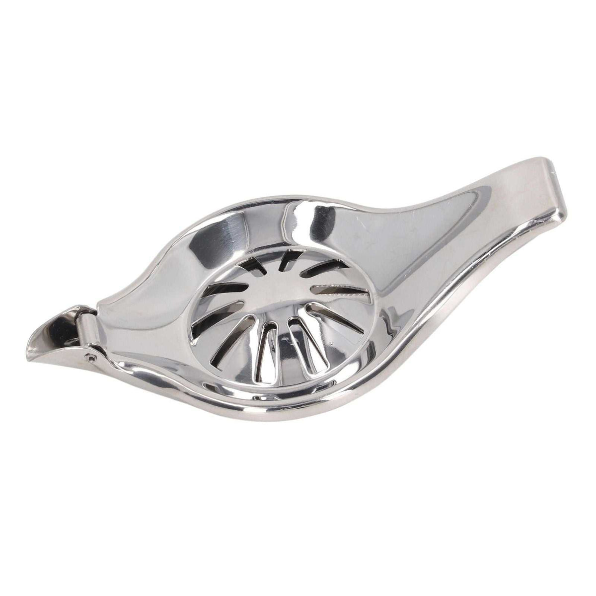 Manual Lemon Juicer in polished stainless steel with a hinged clamp, round perforated bowl and long handles