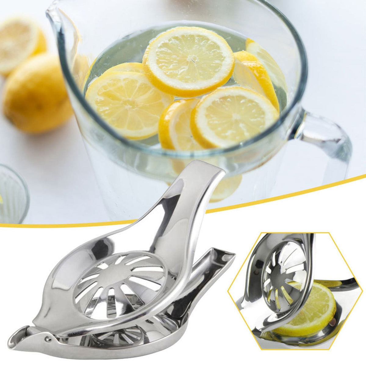 Manual Lemon Juicer in polished stainless steel, with a hinged clamp and perforated round press for citrus halves