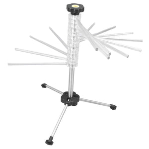 Manual Rotation Pasta Drying Rack with a clear plastic center, silver metal arms, black fittings and three-leg base