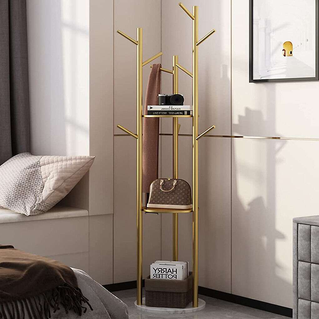 Marble & Metal Coat Rack with a slim gold metal tree frame, branching hooks, shelves and a round white marble base