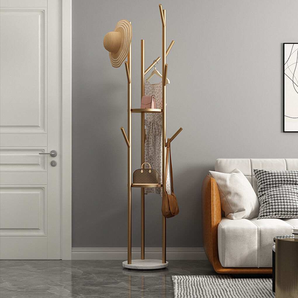 Marble & Metal Coat Rack, tall gold metal tree stand with a round white marble base and branching hooks