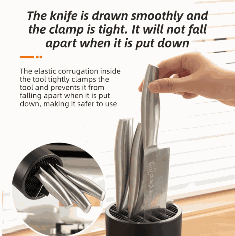 Matte Black Modern knife block in PP with a wavy elastic insert gripping several stainless steel knives securely