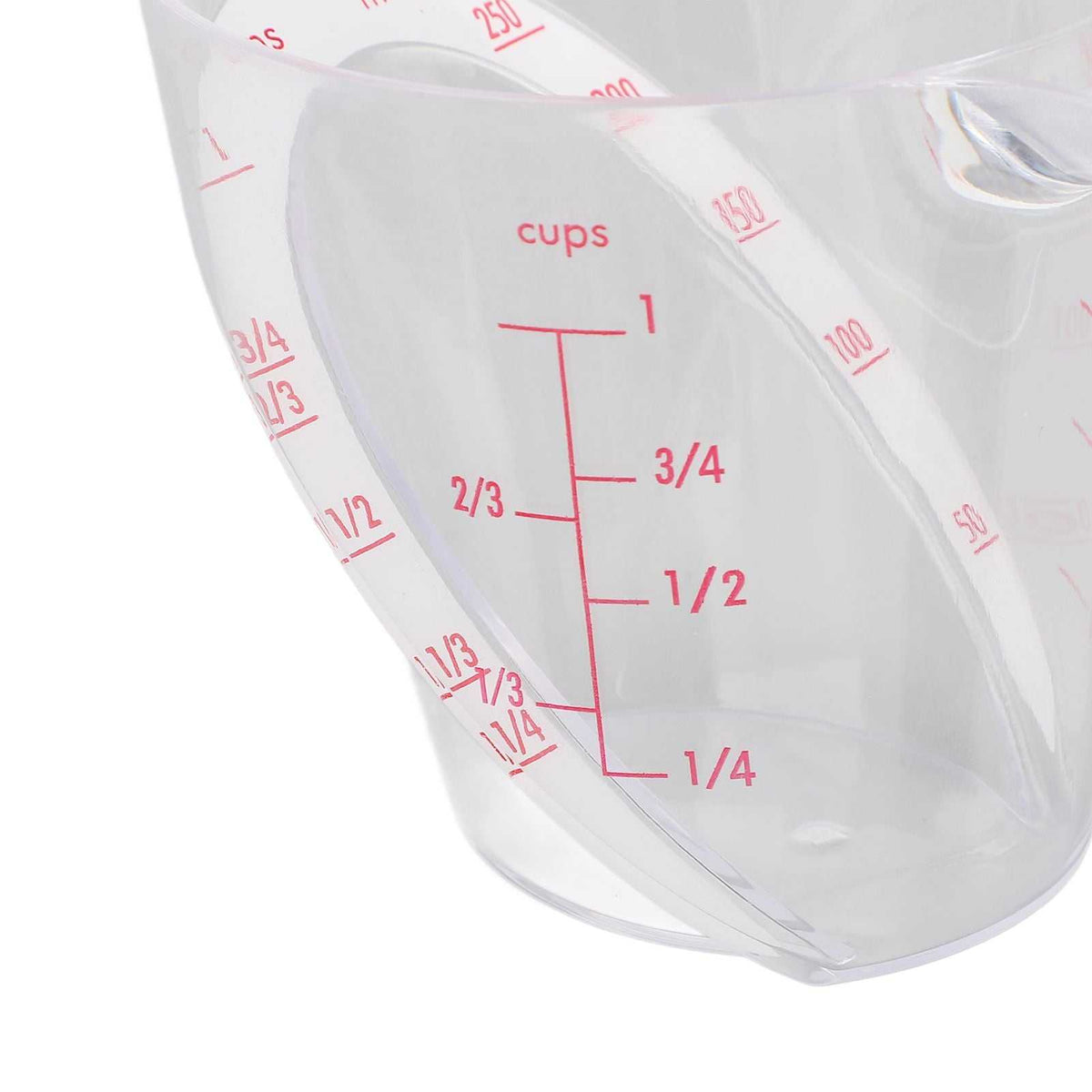 Measuring Cup Heat Resistant in clear transparent plastic with red dual-scale markings and an angled reading design