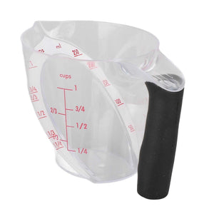Measuring Cup Heat Resistant with clear angled plastic body, red dual-scale markings and a black anti-slip handle