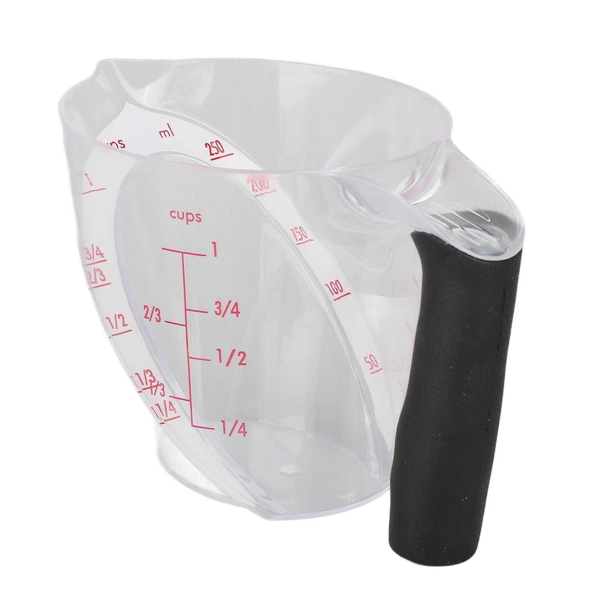 Measuring Cup Heat Resistant with clear angled plastic body, red dual-scale markings and a black anti-slip handle