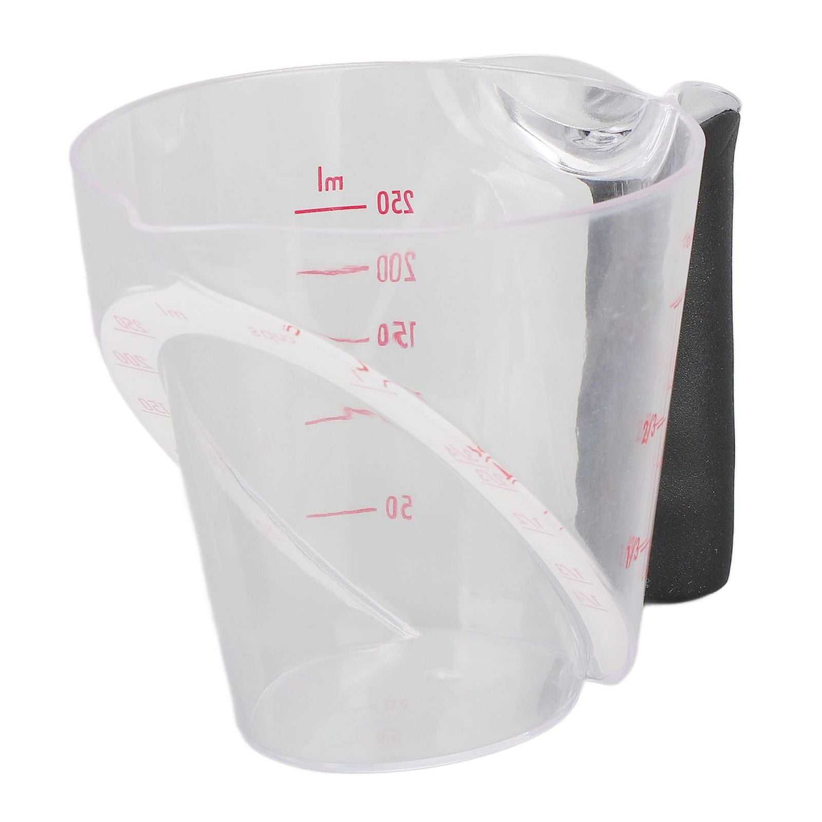 Measuring Cup Heat Resistant in clear plastic with red dual-scale markings, angled profile and black anti-slip handle.