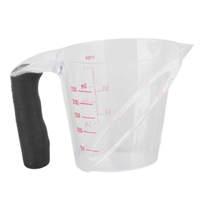 Measuring Cup Heat Resistant in clear plastic with red dual-scale markings, angled spout and black anti-slip handle