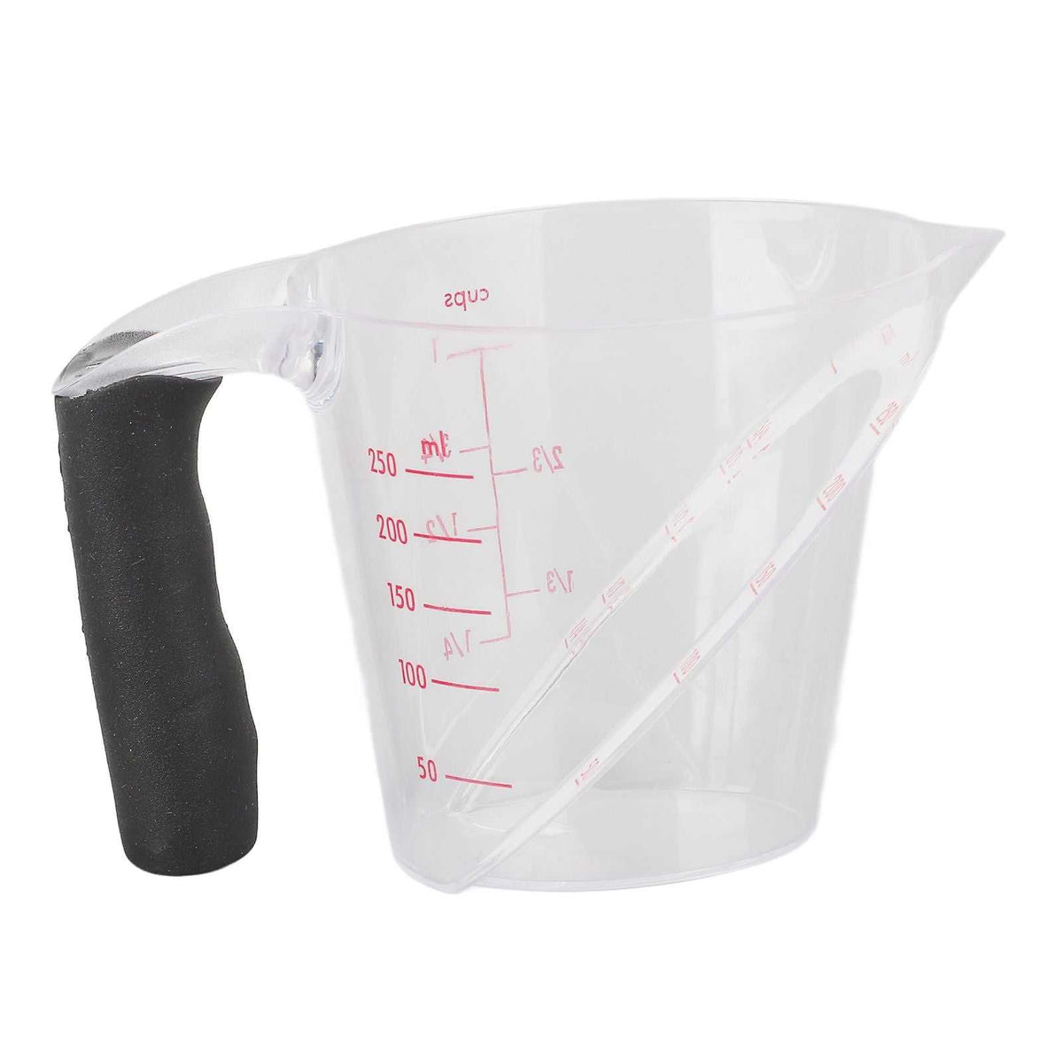 Measuring Cup Heat Resistant in clear plastic with red dual-scale markings, angled spout and black anti-slip handle