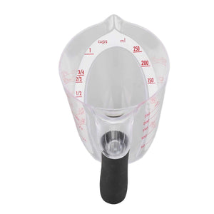 Measuring Cup Heat Resistant in clear plastic with red dual-scale markings and a black anti-slip handle