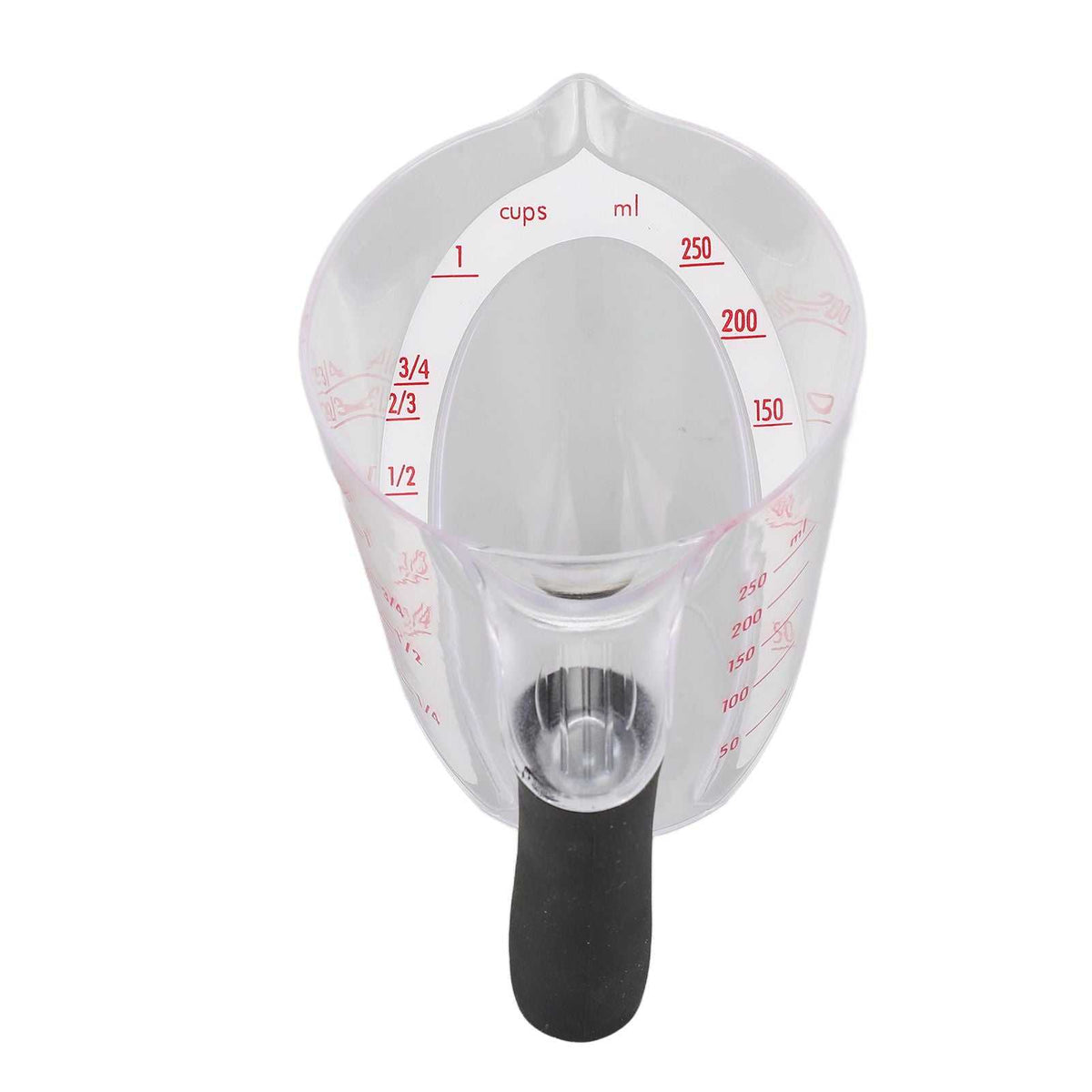 Measuring Cup Heat Resistant in clear plastic with red dual-scale markings and a black anti-slip handle
