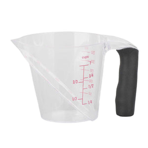 Measuring Cup Heat Resistant in clear plastic with red dual-scale markings, angled sides and a black anti-slip handle