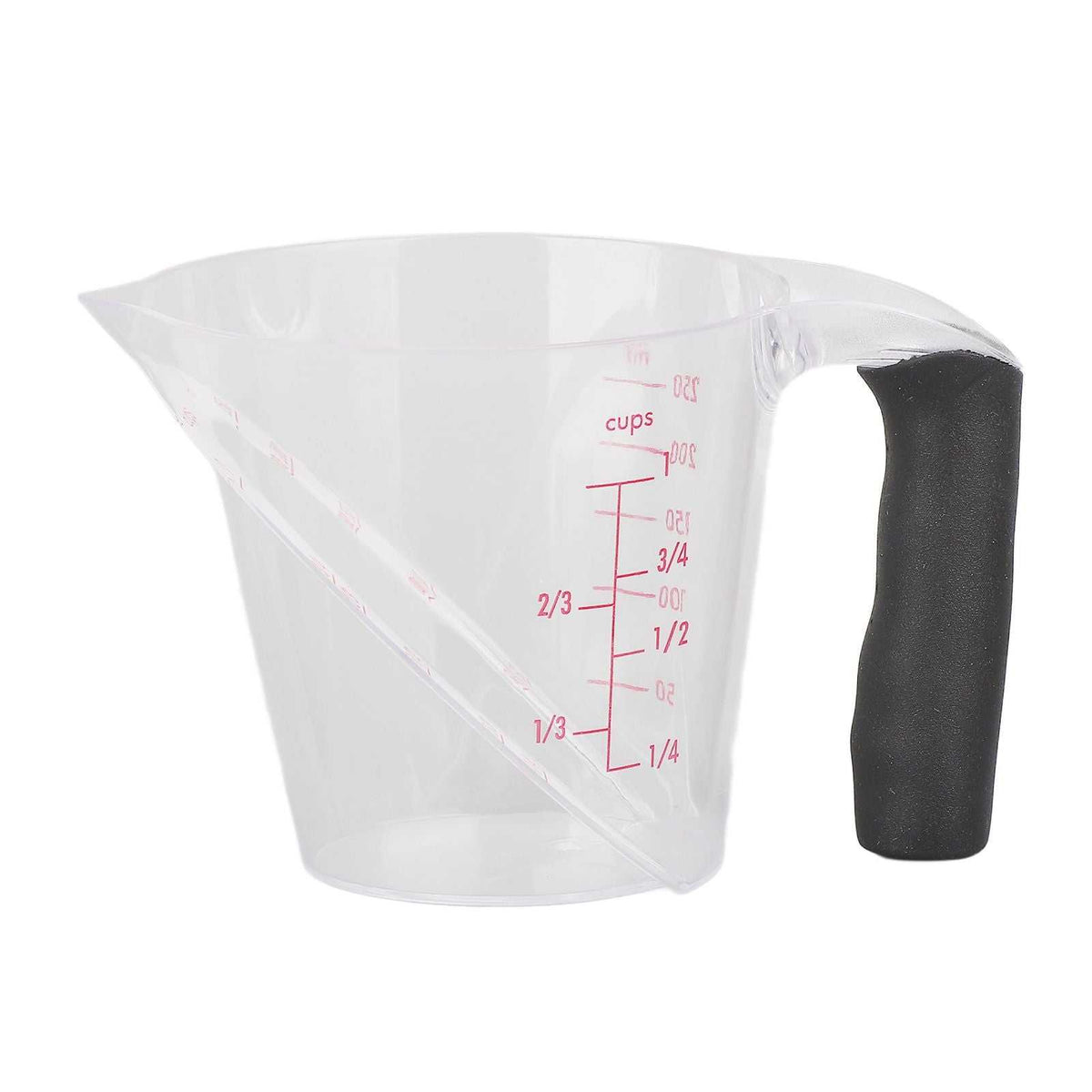 Measuring Cup Heat Resistant in clear plastic with red dual-scale markings, angled sides and a black anti-slip handle