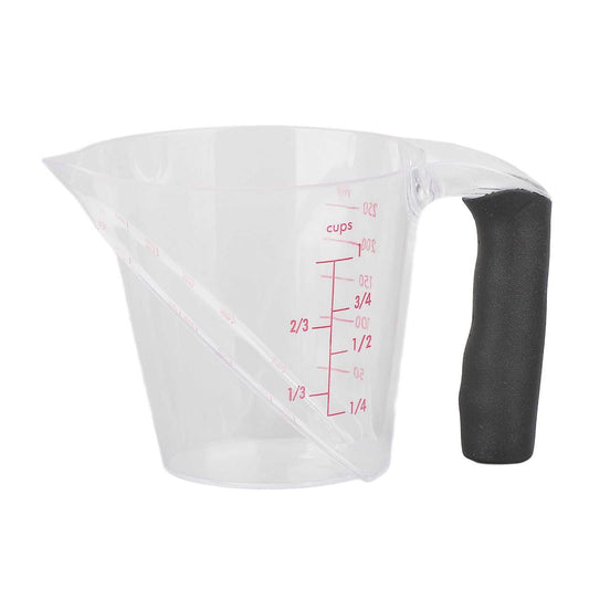 Measuring Cup Heat Resistant in clear plastic with red dual-scale markings, angled sides and a black anti-slip handle