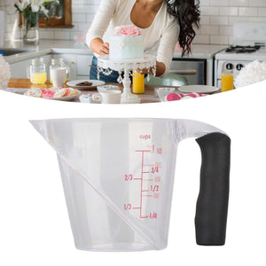 Measuring Cup Heat Resistant, transparent angled plastic cup with red dual-scale markings and a black anti-slip handle