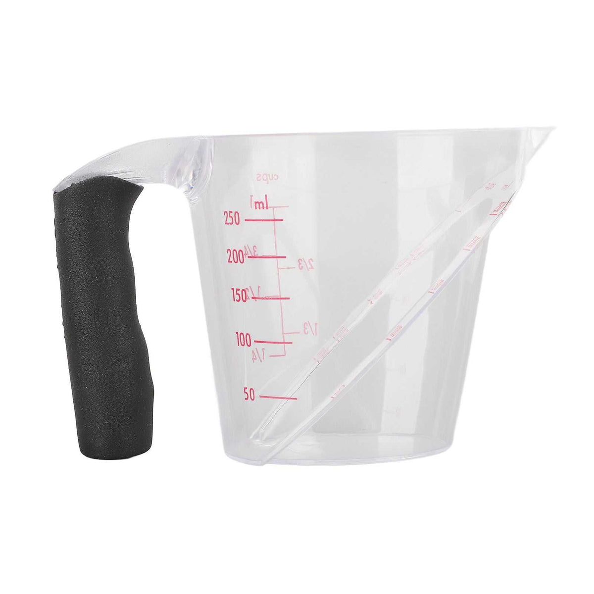 Measuring Cup Heat Resistant with transparent angled body, red dual-scale markings and a black non-slip handle