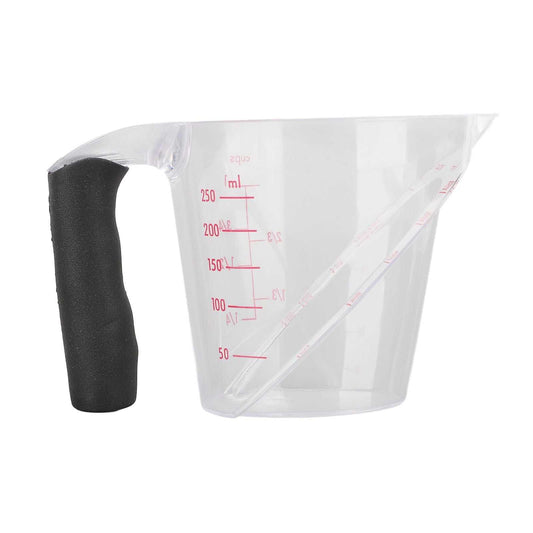 Measuring Cup Heat Resistant with transparent angled body, red dual-scale markings and a black non-slip handle