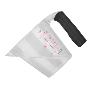 Measuring Cup Heat Resistant, transparent angled plastic cup with red dual-scale markings and a black anti-slip handle