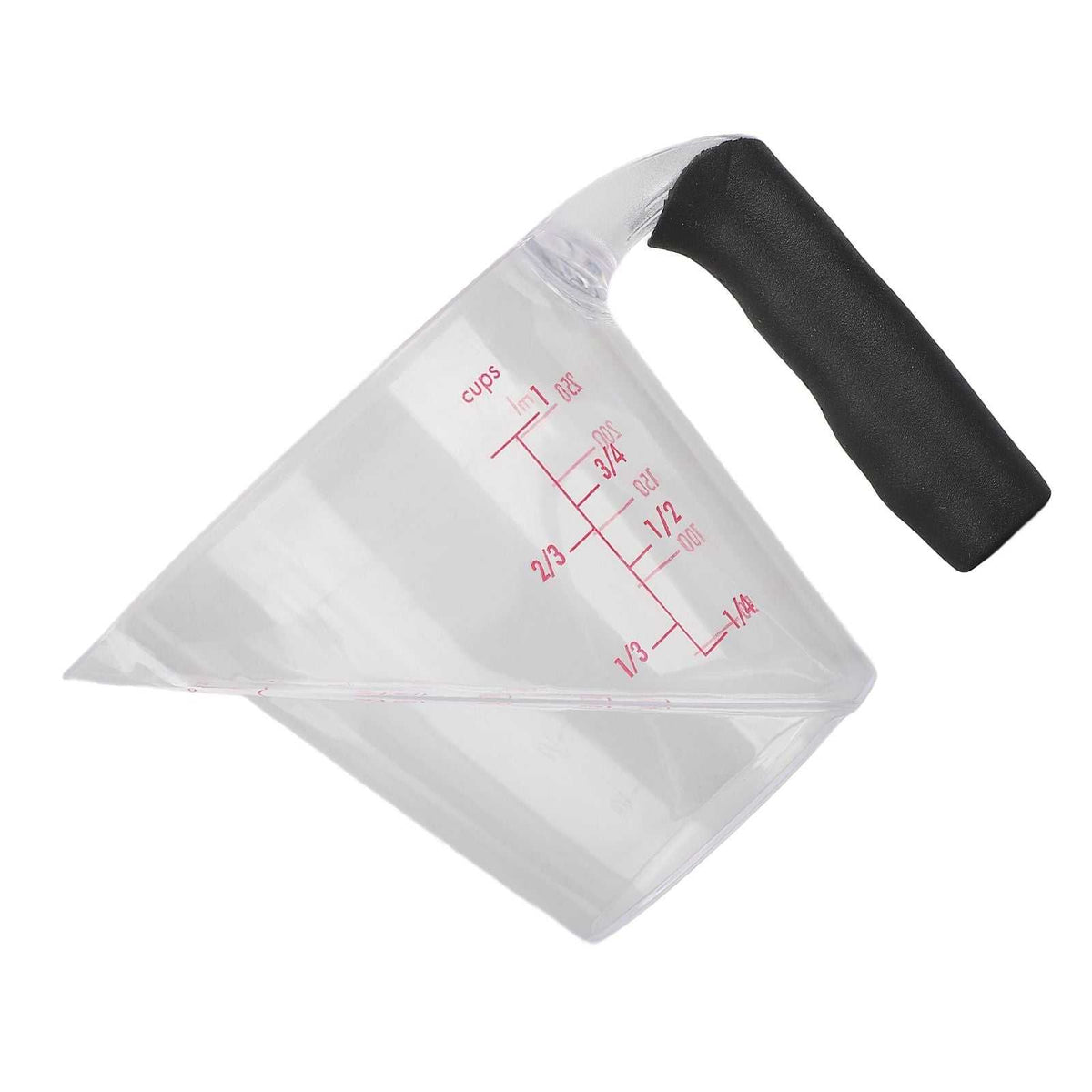 Measuring Cup Heat Resistant, transparent angled plastic cup with red dual-scale markings and a black anti-slip handle