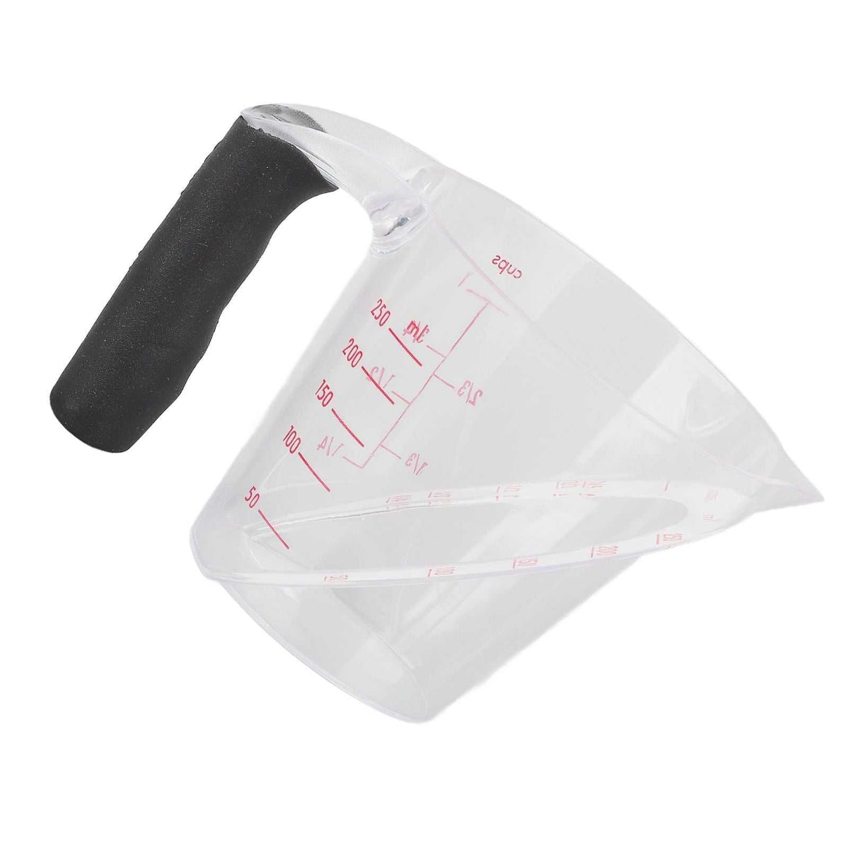 Measuring Cup Heat Resistant, transparent angled plastic cup with red dual-scale markings and a black anti-slip handle