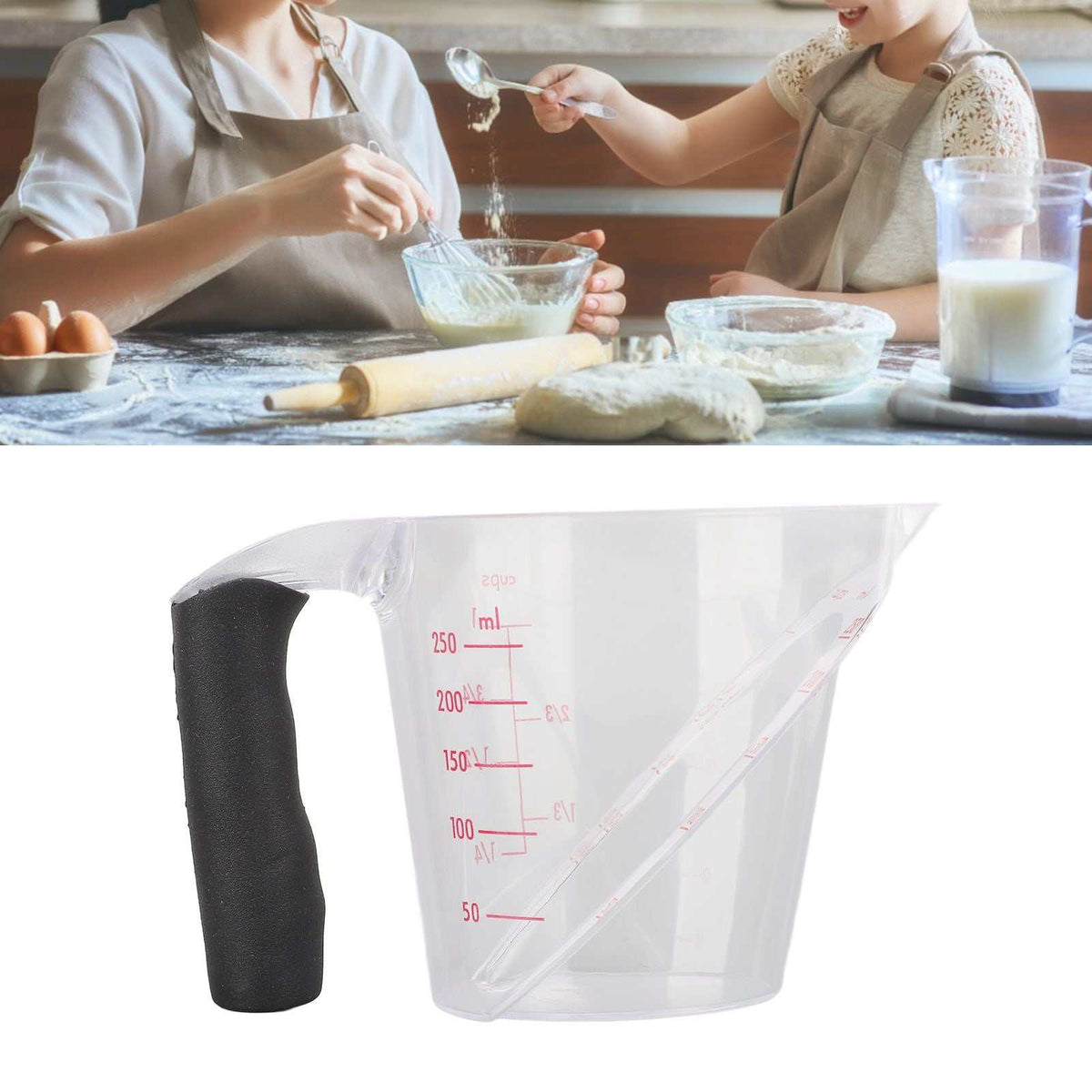 Measuring Cup Heat Resistant transparent plastic measuring cup with red dual-scale markings and a black anti-slip handle