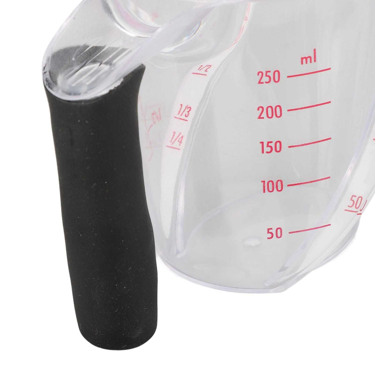 Measuring Cup Heat Resistant transparent polycarbonate cup with red dual-scale markings and a black anti-slip handle
