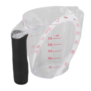 Measuring Cup Heat Resistant with transparent plastic body, red dual-scale markings, angled profile and black anti-slip handle