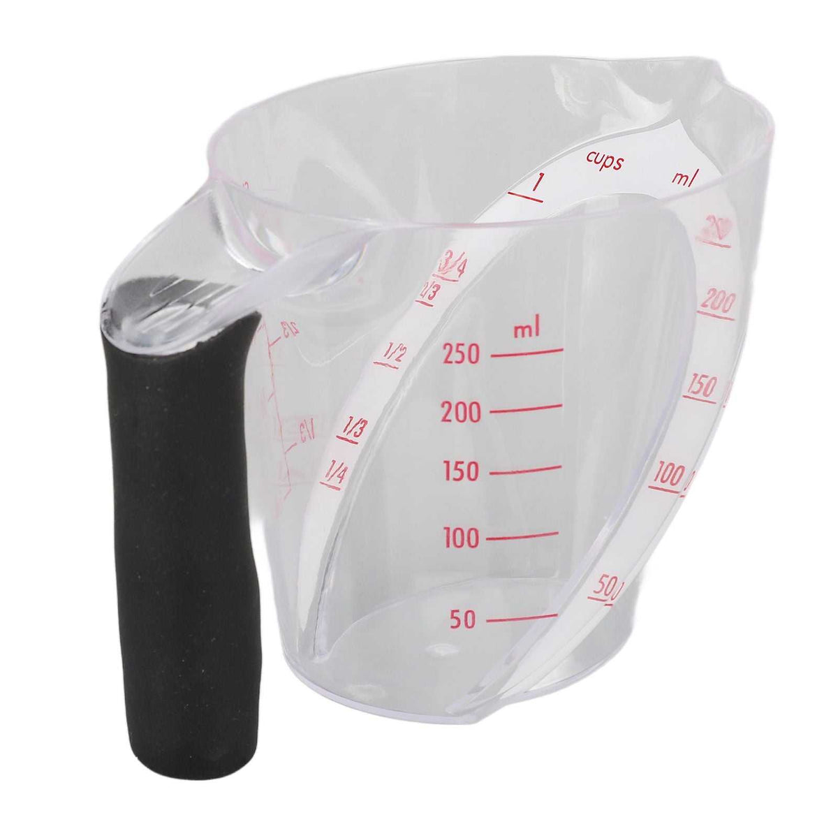 Measuring Cup Heat Resistant with transparent plastic body, red dual-scale markings, angled profile and black anti-slip handle
