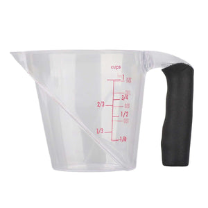 Measuring Cup Heat Resistant transparent plastic measuring cup with red dual-scale markings and a black anti-slip handle