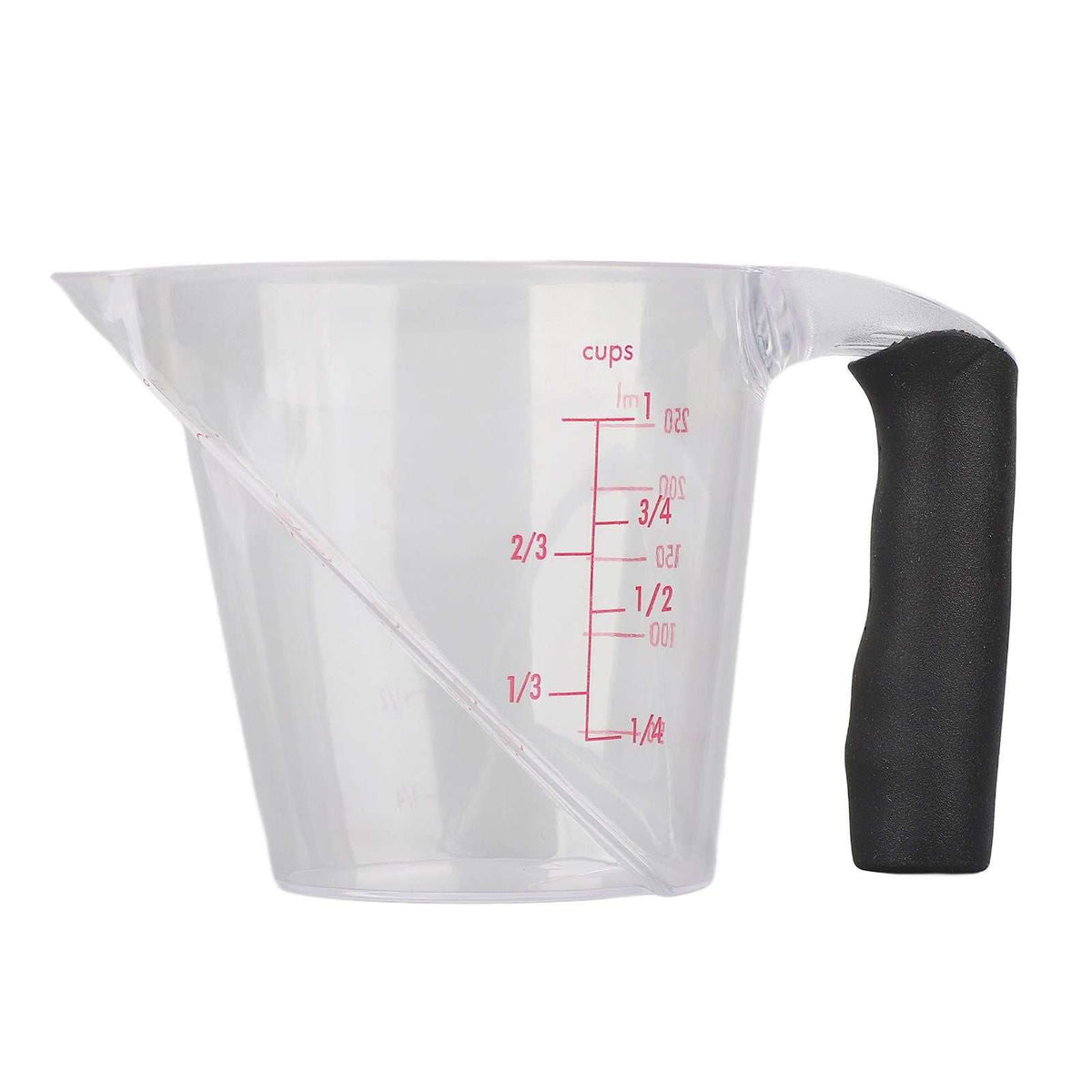 Measuring Cup Heat Resistant transparent plastic measuring cup with red dual-scale markings and a black anti-slip handle