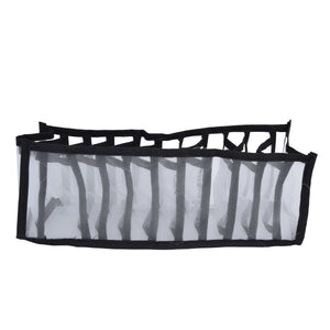 Mesh Bras Storage Box in translucent black nylon mesh with eleven divided compartments and reinforced fabric edges
