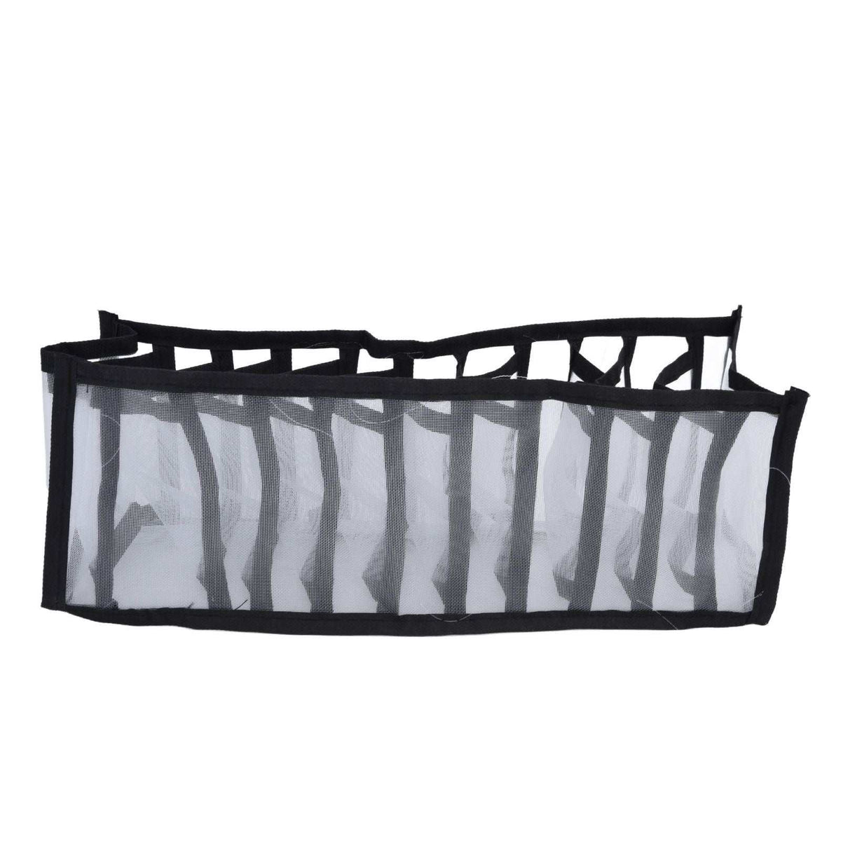 Mesh Bras Storage Box in translucent black nylon mesh with eleven divided compartments and reinforced fabric edges