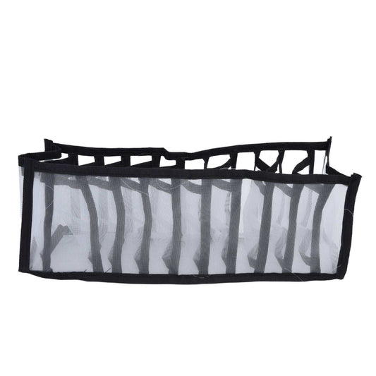 Mesh Bras Storage Box in translucent black nylon mesh with eleven divided compartments and reinforced fabric edges