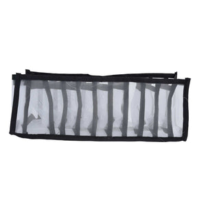 Mesh Bras Storage Box in black nylon mesh with multiple narrow compartments and reinforced fabric edging