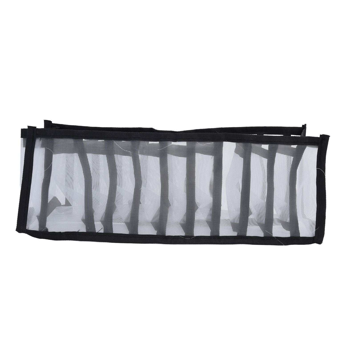 Mesh Bras Storage Box in black nylon mesh with multiple narrow compartments and reinforced fabric edging